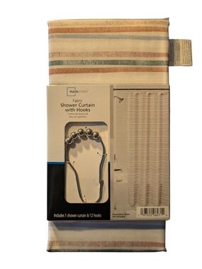 Mainstays Striped Fabric Shower Curtain with Hooks - Cream, Tan, Green, Blue